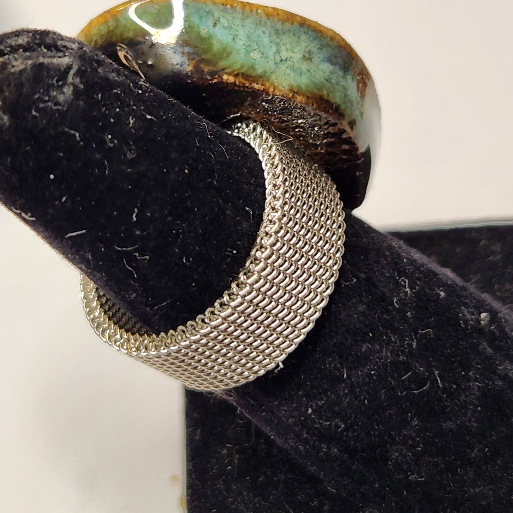 Turquoise Ceramic Gem Statement Ring On Mesh Silv… - image 4